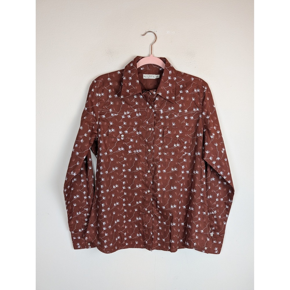 Rockies Shirt Lg Brown Western Pearl Snap Dandelion Print Cowgirl Rodeo Riding